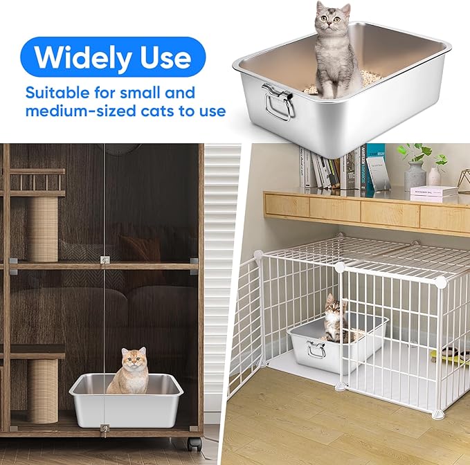 Stainless Steel Litter Box with Handle for Cat and Rabbit, 17.5" L x 13.5" W x 6" H, Odor Control Litter Pan, Fold-able Feeding Plate, Non Stick Smooth Surface