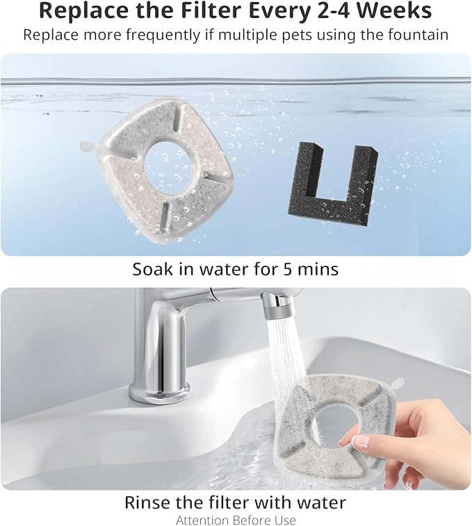 Pet Fountain Filters Replacement Fit for 135oz/4L Dog Water Fountain, 4 Pack Cat Water Fountain Replacement Filters (4 Filters+2 Sponges)