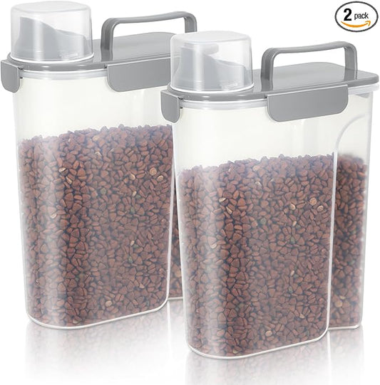 5-7Lbs Dog Cat Food Storage Container with Upgraded Large Nozzle BPA-free, 4 Snap Seals Plastic Pet Food Storage Containers with Handles (2, Light Gray, 5L)
