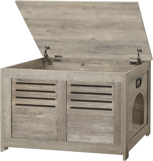 DINZI LVJ Litter Box Enclosure, Flip Top Litter Box Furniture, Good Ventilation, Hidden Cat Washroom, 27.6" L x 19.7" W x 19.7" H, Entrance Can Be on Left or Right, Wooden Cat House, Gray Wash