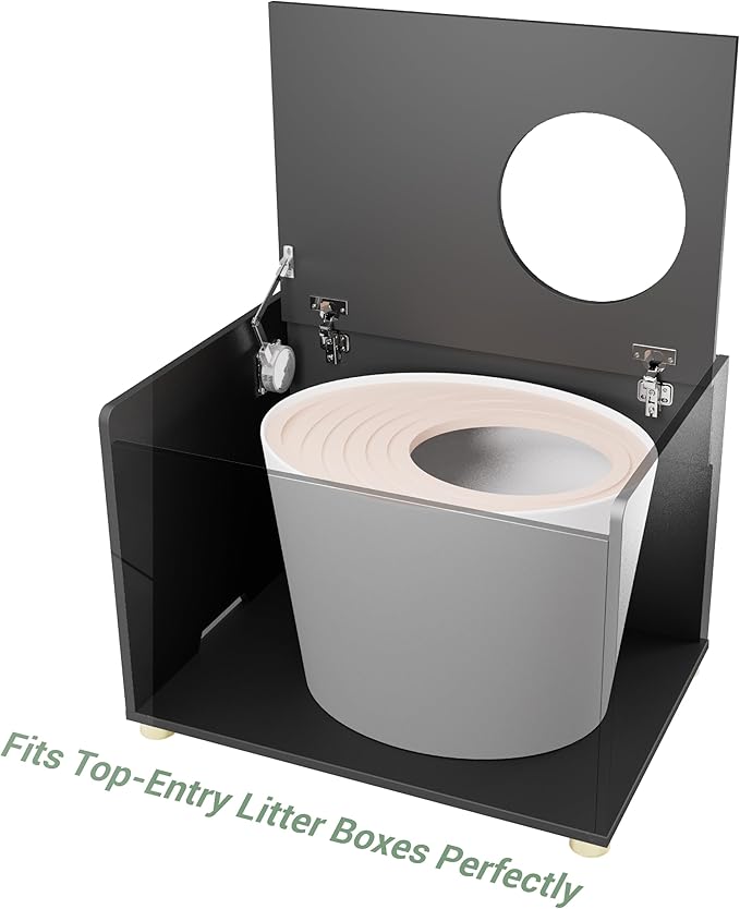 Top Entry Litter Box Enclosure, Modern Flip Top Litter Box Furniture with Cat Scratch Mat, Side Table (Black)