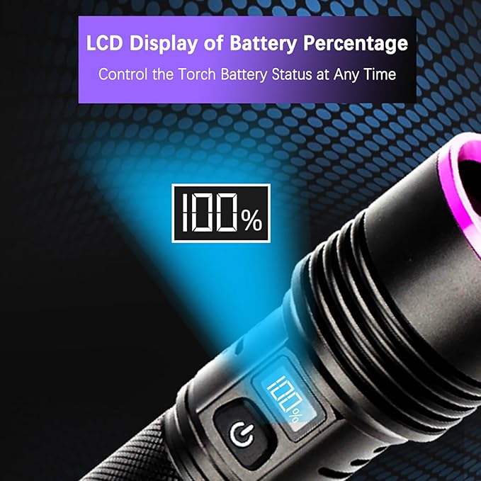 UV Flashlight 30W, 7000 mAh High Power 365nm UV Light, 4-Core LED USB Rechargeable Black Light Flashlight for Dog, Cat Urine, Dry Stains, AC Leak, Uranium Glass, Bed Bug