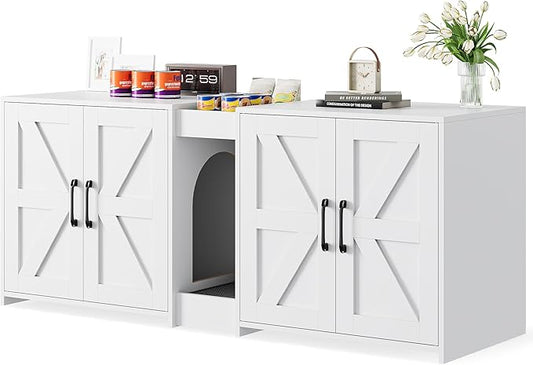 Cat Litter Box Enclosure Furniture - Hidden Litter Box Double Cabinet with Scratch Pad & Cats Bed | Farmhouse Style End Table for Cats | Discreet Cat Washroom for Living Room & Bedroom White