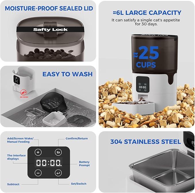 PAPIFEED 6L Automatic Cat & Small Dog Feeder - Programmable Pet Feeder with 36 Daily Meals, Detachable Stainless Steel Bowl, 25 Cup Capacity Smart Food Dispenser for Easy Cleaning