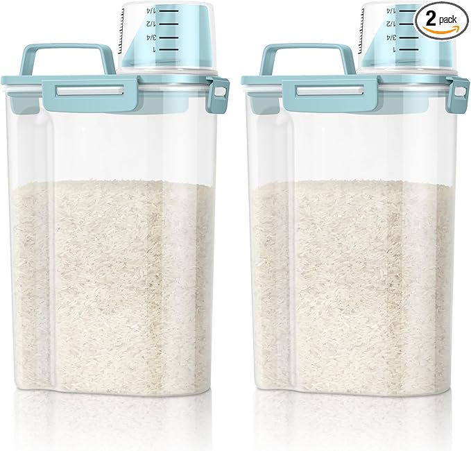 TBMax Rice Container Cereal Storage Container 2 Pack 5 Lbs, Plastic Kitchen Pantry Food Storage Container with Cup, Small Pet Dog Cat Food Dispenser -Blue