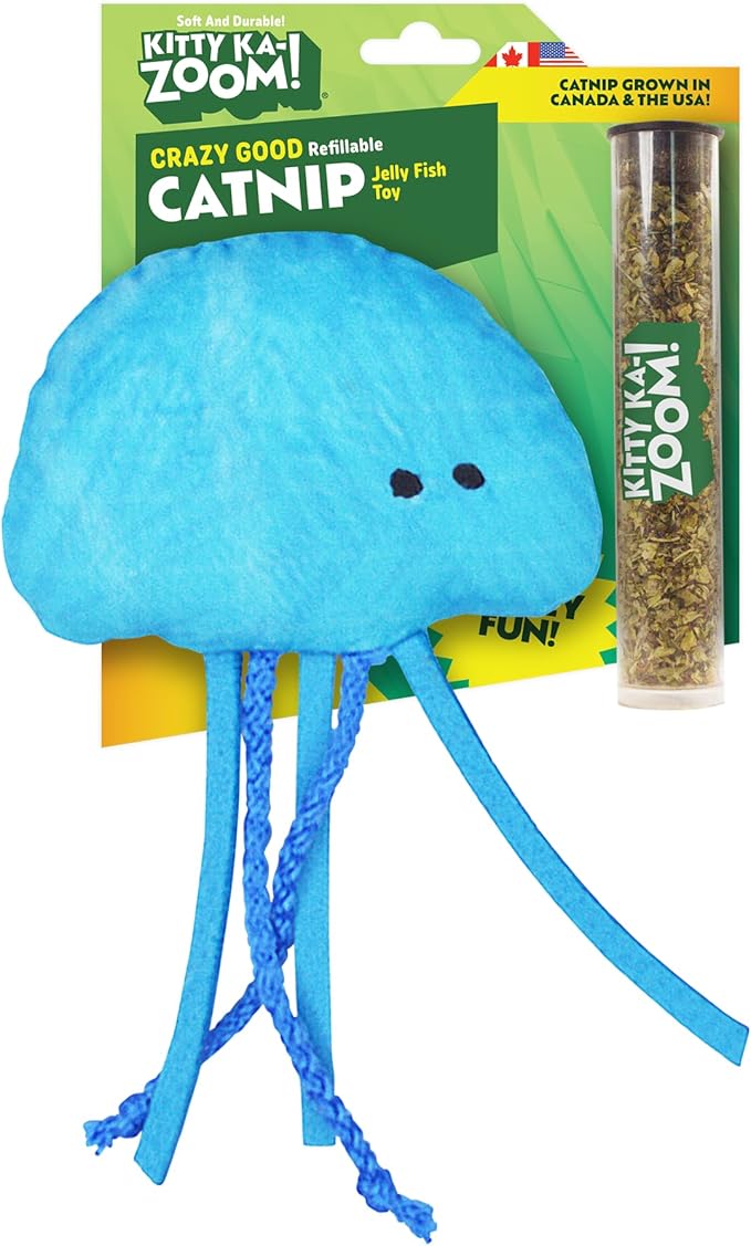 ZOOMIE Jelly Fish - Refillable Catnip Toy + Catnip | High Potency Hand Harvested Fresh Catnip | Soft Plush for Engaging Play