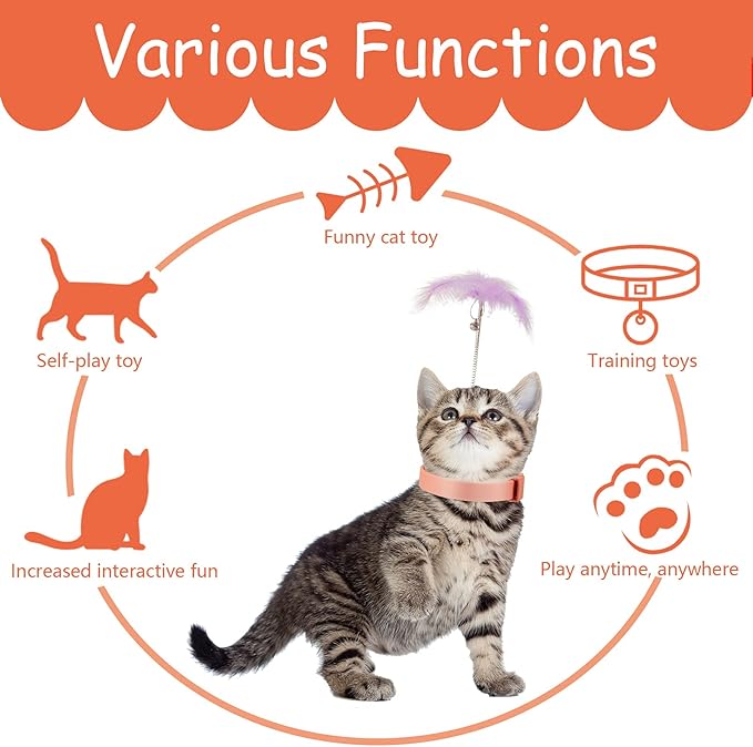 Sumind 6 Pcs Cat Collar Toy Attached with Feather Funny Interactive Cat Stick Wand Toys with Bell Adjustable Fun Kitten Teaser for Indoor Kittens and Small Animals Exercise Training