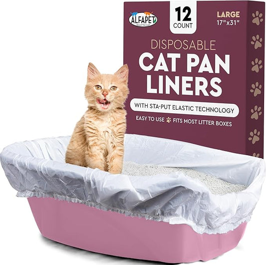 Alfapet Elastic Cat Litter Box Liners - Large 12 Count - Tear-Resistant Cat Litter Bags - Waterproof Kitty Litter Liners - Fits Litterbox Pan Sizes Medium and Large, 31" x 17", 20 lb Capacity
