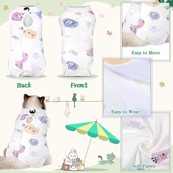 Nuanchu 3 Pieces Cat Recovery Suit Kitten Recovery Suit E-Collar Alternative for Cats and Dogs Abdominal Skin Anti Licking Pajama Clothes Sets(Cute Pattern,Small)