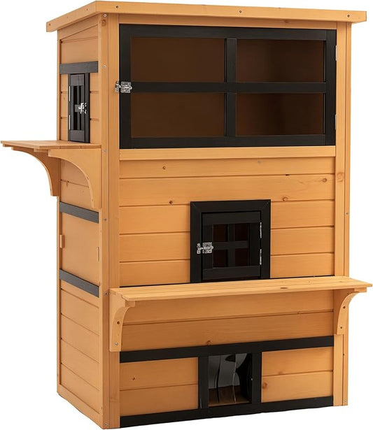 PawHut 3-Story Cat House Feral Cat Shelter, Outdoor Kitten Condo with Raised Floor, Asphalt Roof, Escape Doors, Jumping Platforms, Yellow