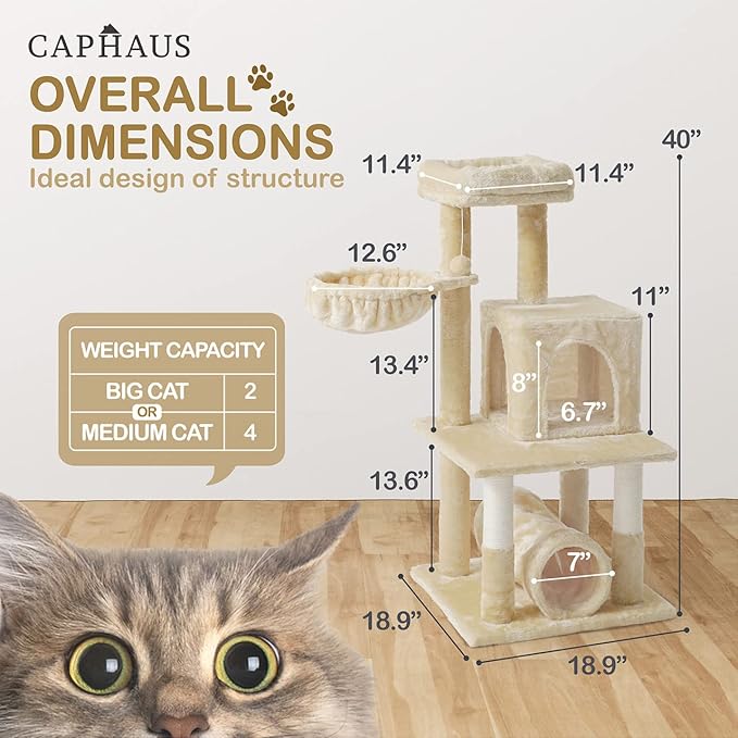 CAPHAUS Cat Tower for Indoor Cats, Modern Cute 40-Inch Small Cat Tree with Widened Perch for Large Cats Kittens, Multi-Level Cat Activity Tree with Scratching Posts, Tunnel, Basket, Cat Cave Condo