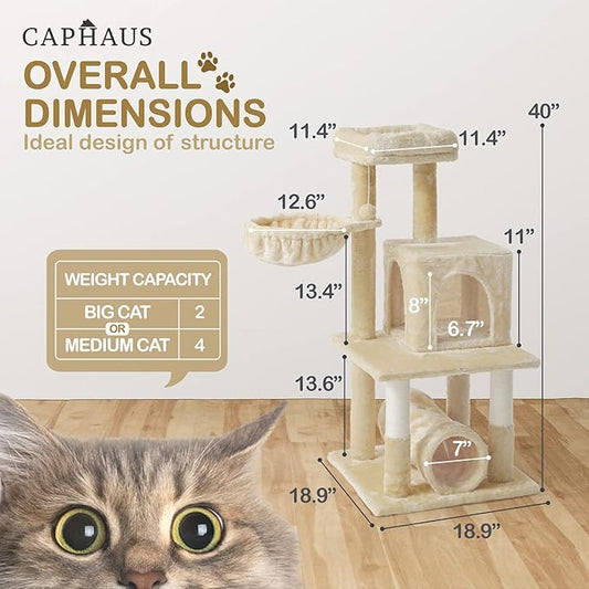 CAPHAUS Cat Tower for Indoor Cats, Modern Cute 40-Inch Small Cat Tree with Widened Perch for Large Cats Kittens, Multi-Level Cat Activity Tree with Scratching Posts, Tunnel, Basket, Cat Cave Condo