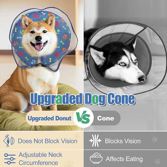 Inflatable Dog Cone Collar, Adjustable Size Soft PVC 2-in-1 Dog Donut Collar After Surgery with Detachable, Inflatable Collar for Small Medium Large Dogs and Cats (Blue, L)