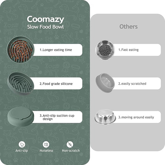 Coomazy Large Silicone Slow Feeder Dog Bowls, Interactive Puzzle Toy for Pets Food Training, Keeps Dogs Busy, Prevents Puppy Overeating (Dark Green, Large: 3.2Cup)