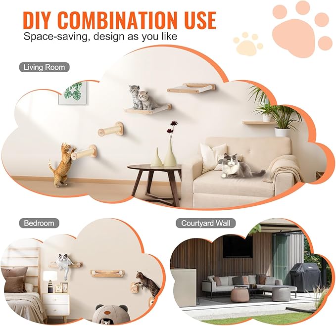 VEVOR Wall Mounted Cat Shelves, Perches with Jumping Posts & Hammocks, Cat Furniture Set up to 40 lbs, Removable & Washable Coral Fleece for Sleeping, Playing, Climbing, Set of 4