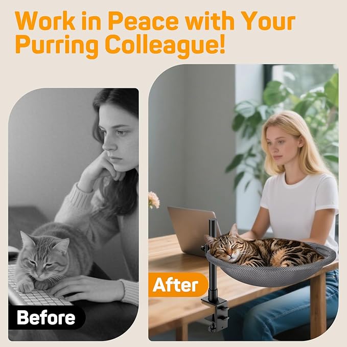 Cat Desk Bed & Perch - Breathable Soft Mesh Cat Hammock Nest for Home Office Desk, 360° Flexible Adjustable, Holds Up to 60 lbs for Gaming/Study Table (Grey)