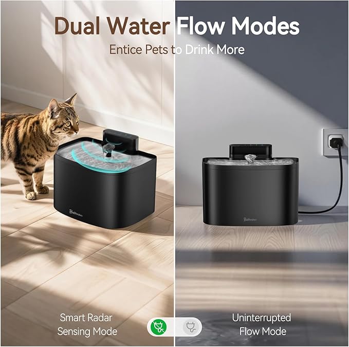 Cat Water Fountain, App Control Cat Fountain, 122oz/3.6L Pumpless Water Fountains for Cats Indoor with Stainless Steel Tray, Wi-Fi Dog and Pet Water Fountain (Black, Fountain+8 Fliters)