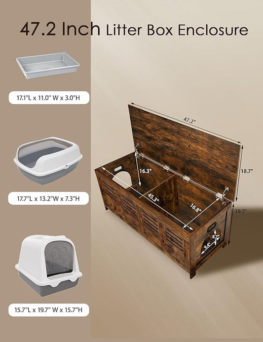 DINZI LVJ Litter Box Enclosure Furniture for 2 Cats, Top Opening Hidden Litter Box with Double Rooms, Dual Cat House with Good Ventilation, 47.2" Wooden Cat Washroom, Box Cabinet, Rustic Brown