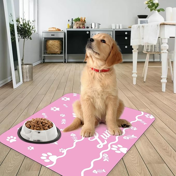 Personalized Dog Cat Feeding Mat Custom Pet Food Mat Waterproof Non-Slip Customized Puppy Name Photo Placemat Dish Rug Floor Protector Gifts for Pets Lover Pattern 7