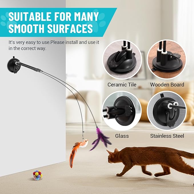 ROSAUI 11-Pack Cat Toy Set with Suction Cup Base and Wire Teasers – Interactive Bird and Feather Attachments with Yarn Balls for Cats and Kittens – Indoor Cat Fun and Exercise