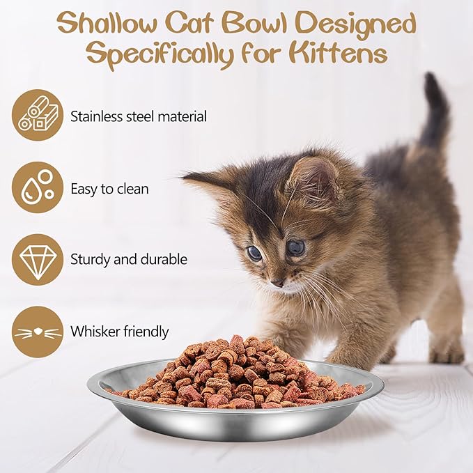kathson Shallow Stainless Steel Cat Bowls 12 Pcs Whisker Fatigue Cat Dishes Flat Dog Feeding Saucers Pet Food and Water Plate Set for Kitten Puppy and Other Small Animals (7.00 Inch Dia)