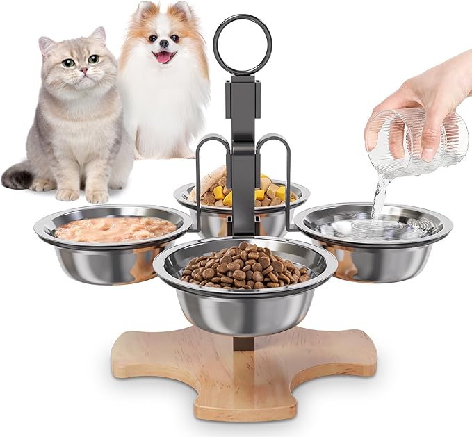 Adjustable Elevated Cat Bowls with Stand, 3 Height Raised Food & Water Bowl Set for Indoor Cats, 4 Stainless Steel Tilted Pet Dishes for Small Dogs, Non-Slip Feeding Station with Anti-Spill Design