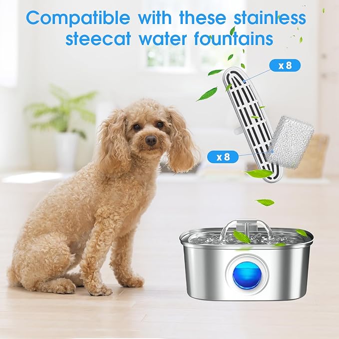 16 Pack Cat Water Fountain Filters-Cat Fountain Replacement Filters for Stainless Steel 108/3.2L Adjustable Water Flow Pet Water Fountain(8 Filters&8 Sponges)