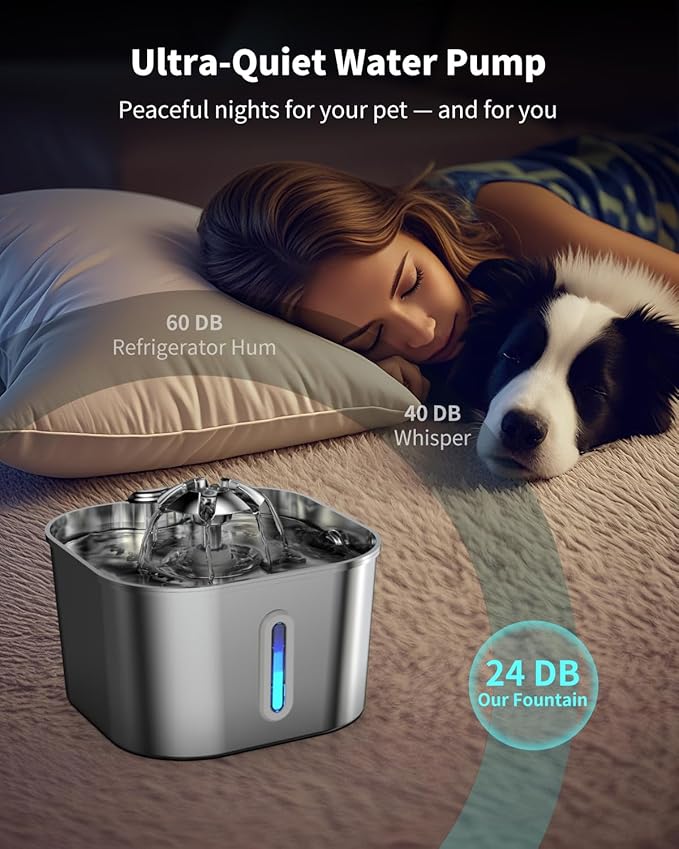 Cat Water Fountain Stainless Steel, 2.2L/74oz Cat Fountain with Quiet Pump, Automatic Pet Water Dispenser, Ideal for Multi-pet Homes, Fresh & Clean Water for Cats and Dogs