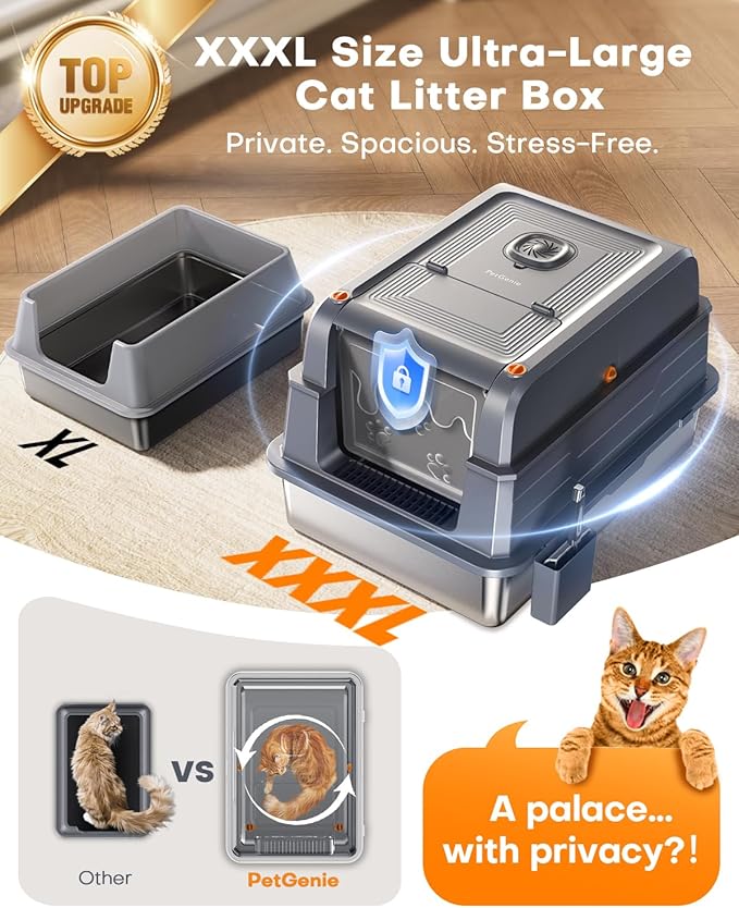 PetGenie® 2025 XXXL Stainless Steel Cat Litter Box (152L) - Leak-Proof for High Pee Cats, 180° Flip Top Lid & 3-in-1 Modes, Fits Maine Coon/Multi-Cat Homes w/Metal Scoop & Charcoal Filter