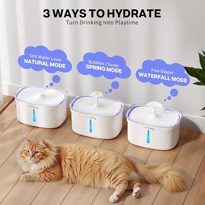 furrybaby Cat Water Fountain - 84oz/2.5L Automatic Pet Water Fountain for Cats Indoor with LED Light and Water Level Window Intelligent Pet Water Dispenser for Cats with Filter (Rectangular, White)