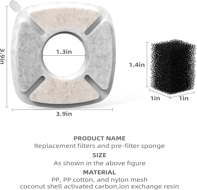 8 Pack Cat Water Fountain Filter Compatible with 67/95/135/85oz Automatic Pet Dispenser, Triple Filtration Dog Fountain Filter (8 Carbon Filters+8 Sponge Filters)