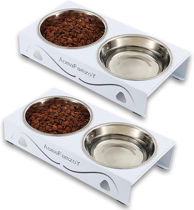 2 Pack Cat Food Bowls - Indoor Set with Metal Stand,5° Tilted Anti Vomiting Wide Raised Pet Dish, Cute Elevated Cat Feeding Station for Food Water, 4 Stainless Steel Bowls for Kitten, Puppy,White