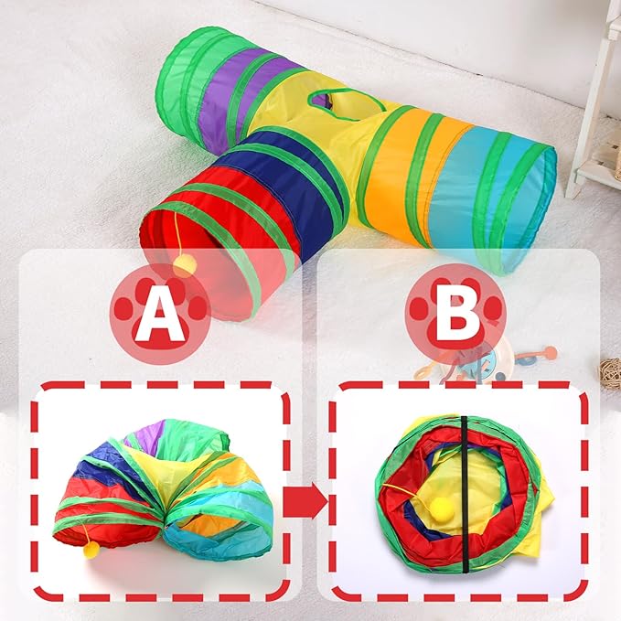 ‌Coolcandy Cat Tunnel & Interactive Cat Toy Indoor, T-Shape 3-Way Tunnel Toys for Indoor Cats, Collapsible Interactive Peekaboo Cave with Play Ball, for Multi-Way Play & Small Animals