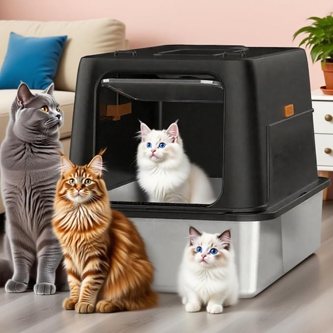 Stainless Steel Smart Cat Litter Box with IR Sensor Automatic Odor Control for A Home, Low Noise Design Automatic, Hygienic, and Easy-Clean Design for Multiple Cats