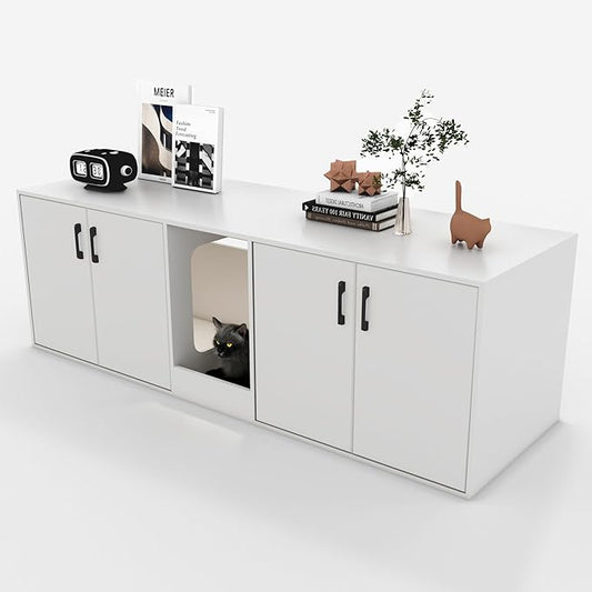 Cat Litter Box Enclosure for 2 Cats,cat Litter Box Enclosure Furniture with Double Room,Stackable,Indoor，Large cat Cabinet,pet House Side Coffee Table,White and Black (White)