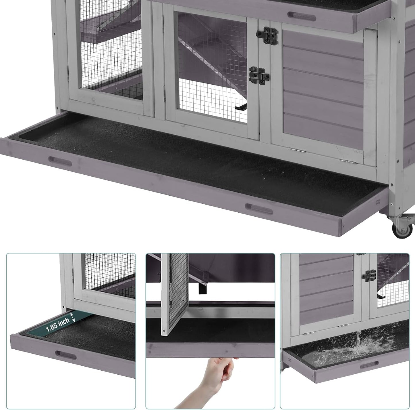 2-Tier Indoor Rabbit Hutch Bunny House Guinea Pig Cage with Sliding Plastic Trays, Wheels & Ramp, 47.2" Multi-Door Wooden Small Animal Cage for Rabbits, Bunnies, and Guinea Pigs (Grey)