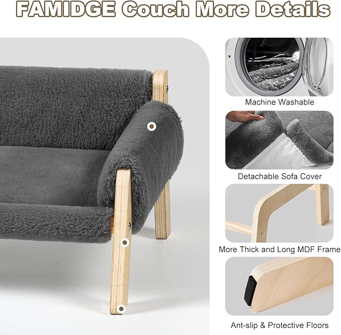Elevated Cat Couch Bed for Indoor Cats - Wooden Pet Sofa with Removable Washable Thick Cover Raised Kitty Lounge Chair Suitable for Puppy or Small Animals(Cat Sofa Light-Grey)