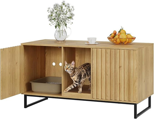 Cat Litter Box Enclosure for 2 Cats, 47.6’’ Litter Box Furniture Hidden with Scratch Pad, Double Room Large Cat Cabinet, Indoor Pet House TV Stand Side Table,Cats Washroom, Natural
