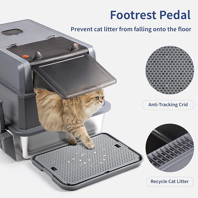 XXXL Stainless Steel Litter Box with Lid, Extra Large 28" L x 20" W x 17" H Enclosed Metal Cat Litter Box with Litter Scoop & Foot Pedal, Odor Control, Easy Cleaning for Big Cats (Dark Grey)