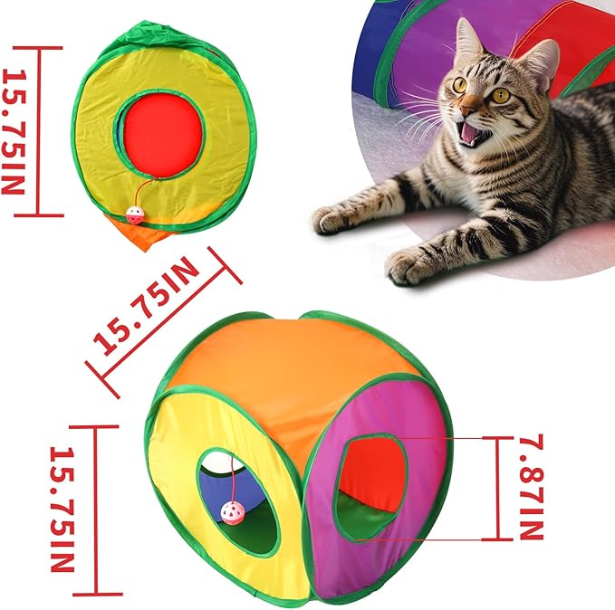 ‌Coolcandy Cat Tunnel & Interactive Cat Toy Indoor, Cube Shape Tunnel Toys for Indoor Cats, Collapsible Interactive Peekaboo Cave with Play Ball, for Multi-Way Play & Small Animals