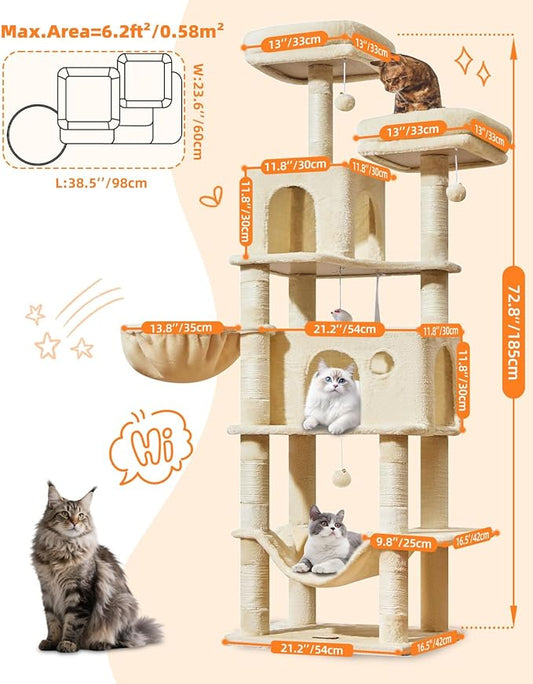 Taoqimiao Large Cat Tree，73-Inch Cat Tree Tower with 9 Scratching Posts for Indoor Cats, 2 Large Cat Condo with Hammock, Hanging Basket, 2 Extended Platform, Beige MS013XLM