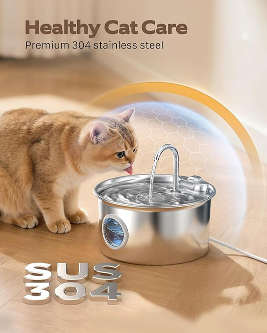 Pet Water Fountain Stainless Steel: Mental Cat Water Fountains for Cats Indoor - 88oz/2.6L Noiseless Cats Waterer Bowl Dispenser - ATMZIQXR Kitten Drinking Fountains with 8 Filters + 8 Sponges
