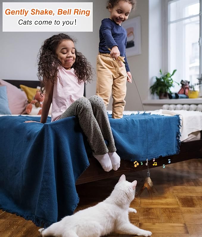 Pawaboo Feather Teaser Cat Toy - Interactive Wand with Extra Long 34.5" Wand and Small Bell, Fun Exerciser Playing Toy for Kittens or Cats, Brown Feather