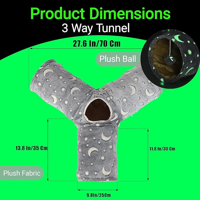 LUCKITTY Cat Tube Tunnel with Plush Ball Toys Collapsible Self-Luminous, for Cat Small Pets Bunny Rabbits, Kittens, Ferrets,Puppy and Dogs Grey Moon Star 3 Way