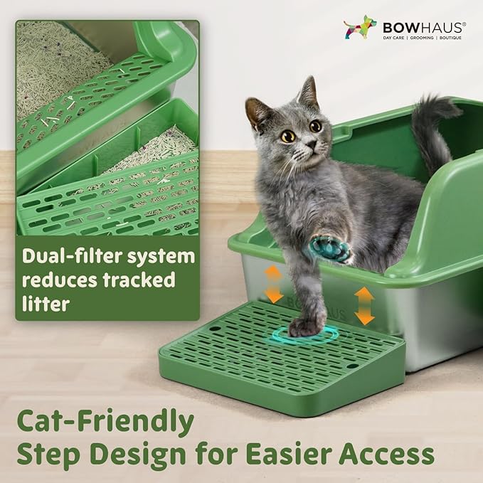 XL Enclosed Stainless Steel Cat Litter Box with Lid, High Sided Metal Litter Box w/Scoop, Enclosed Extra Large Metal Litter Box, Odorless Steel Litter Pan, Anti-Leakage & Easy Clean, Green