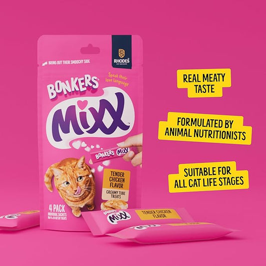 BONKERS Mixx, Wet Lickable Tube Tender Chicken Flavor Cat Treats, Real Meat Treats, Treats for Training or Food Topper, for All Breeds and Ages, Value Pack (15 Pack, 60 Tubes)