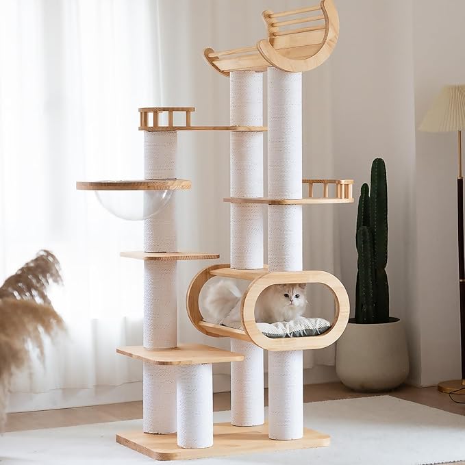 74.8'' Tall Modern Cat Tree for Indoor Large Cats,Luxury Pine Wood Cat Tower for Home Decoration,Multi-Level Huge Cat Furniture with Condo,Clear Bowl,Scratching Posts for Multi-Cat Household