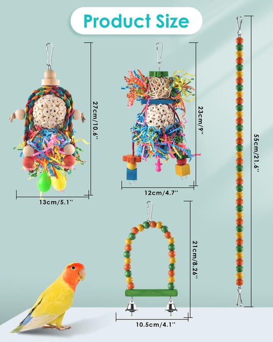 Bissap Conure Toys, 4 PCS Parrot Foraging Shredder Hanging Toys Sola Balls with Sand Hammer Perch Swing Climbing for Small Parrots Parakeets Conures Cockatiels Love Birds Cage Toy