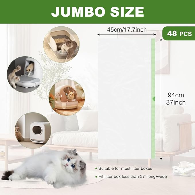 48 Count 37x17 Inch Large Cat Litter Bags Disposable Cat Litter Liners Drawstring Jumbo CatS Litter Box Liners Extra Thick Cats Liner For Litters Box Bags Heavy Duty Cats Pan Liners