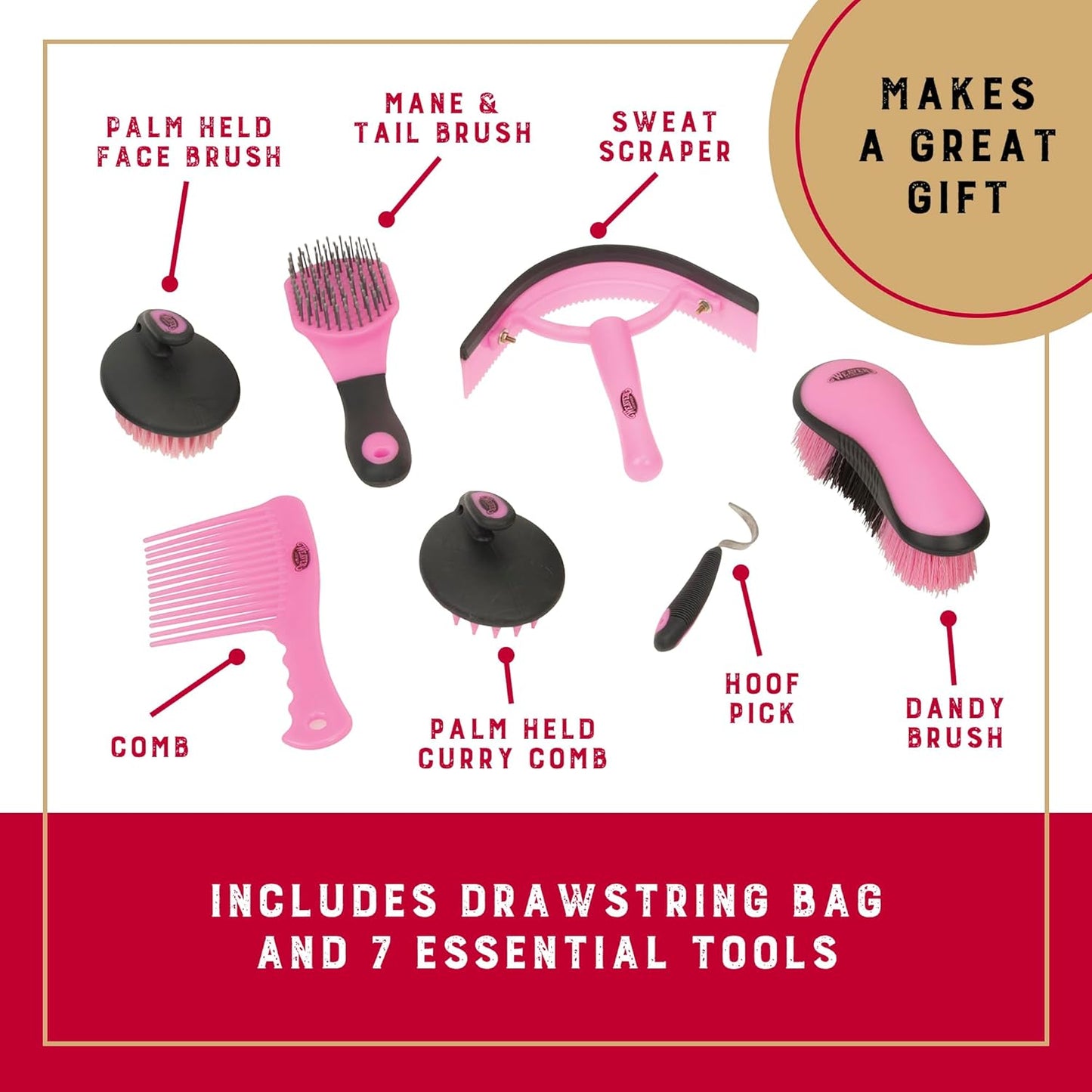Weaver Leather Horse Grooming Kit, 7-piece Horse Brush Set with Organizer Tote Bag, Equine Care, Horse Tack Room Equipment, Grooming Horse Supplies, Gray/Pink
